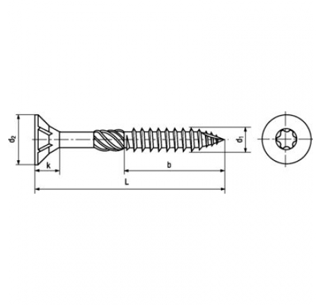 Universal hexalobular socket flat ersunk head wood screws, partially threaded, cutting ribs under the head, friction thread, end mill cutte-763791